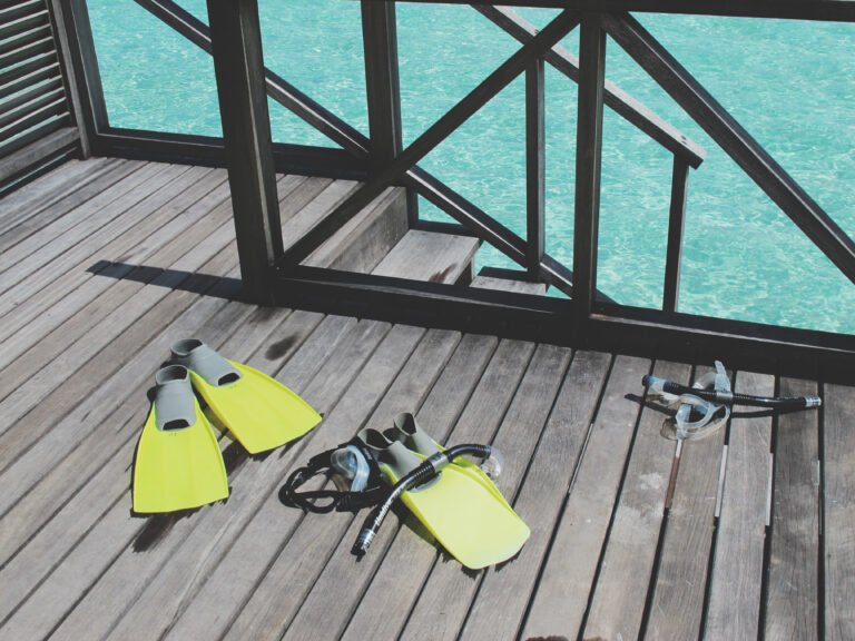 snorkeling-equipment-wooden-jetty