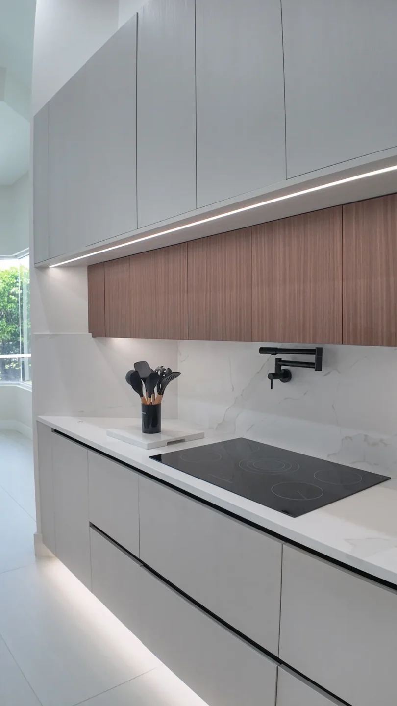 Dark wood upper cabinets with LED strip lighting in Bal Harbour, FL