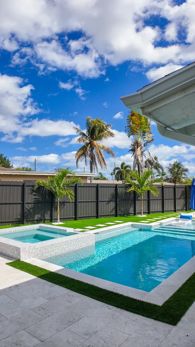 Raised pool spa finished with iridescent glass-mosaic tile in Miami