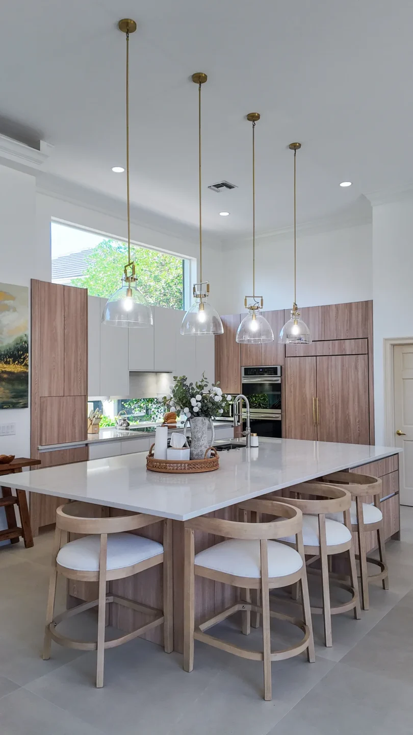Warm wood kitchen with pendant lighting in Coral Gables, FL